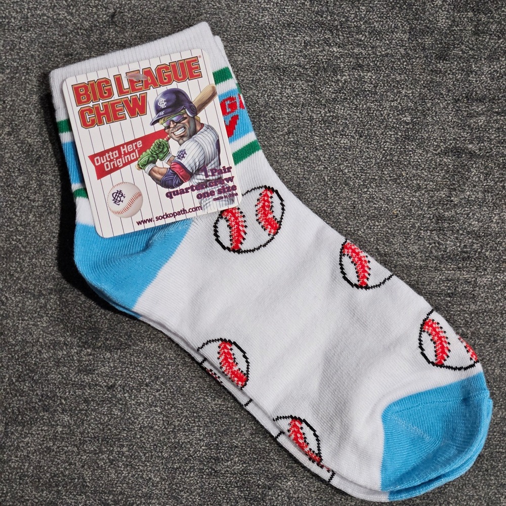 Big League Chew Baseball Quarter Crew Socks White Blue One Size New With Tags